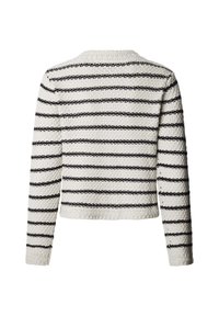 Striped sweater in cream and black, featuring a textured knit pattern, long sleeves, and a rounded neckline.