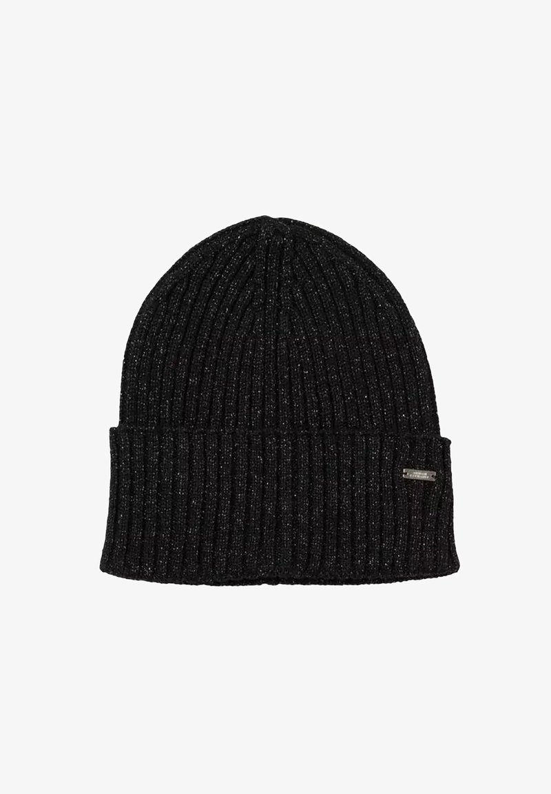 Cappello in maglia a coste nera con risvolto. Presenta sottili particelle argentate intrecciate nel tessuto e un'etichetta metallica del marchio sul lato.