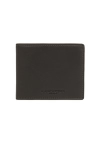 Portafoglio in pelle marrone scuro con una texture liscia, caratterizzato da un bordo cucito e dal logo in rilievo "LANCASTER PARIS" sul davanti.