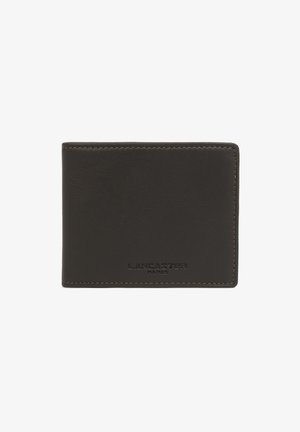 Dark brown leather wallet with a smooth texture, featuring a stitched edge and embossed "LANCASTER PARIS" logo on the front.