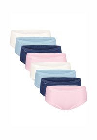 Sieben Paar Hipster-Slips in Weiß, Hellblau, Marineblau und Pink, mit einer glatten Textur und weichen elastischen Taillenbändern.