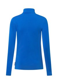 Long-sleeve polo in bright blue fabric with a high collar. Features a smooth texture and a small logo tag on the bottom left side.