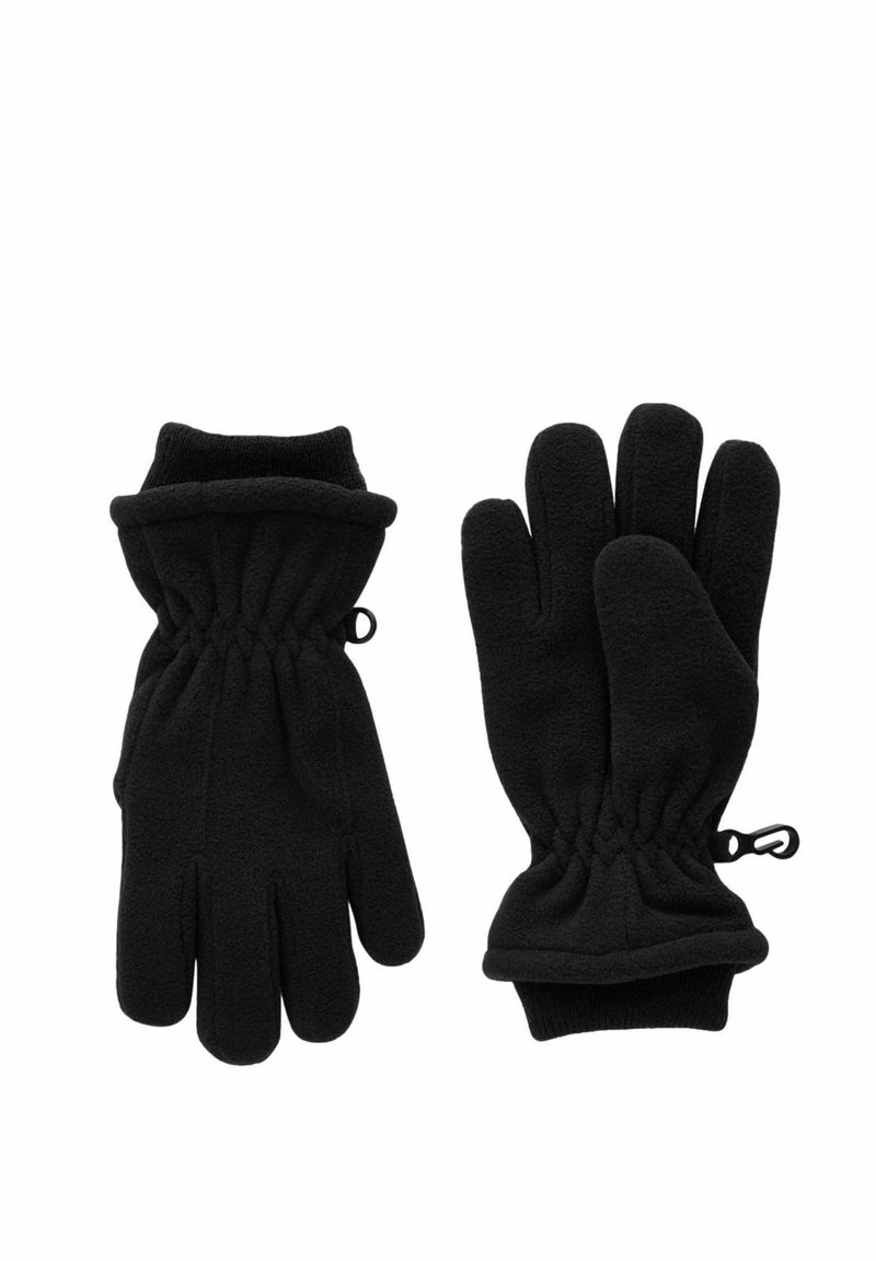 Schwarze Fleece-Handschuhe mit strukturierter Oberfläche, elastischen Handgelenken und verstellbaren Schlaufen für eine enge Passform; mit einem 5-Finger-Design.