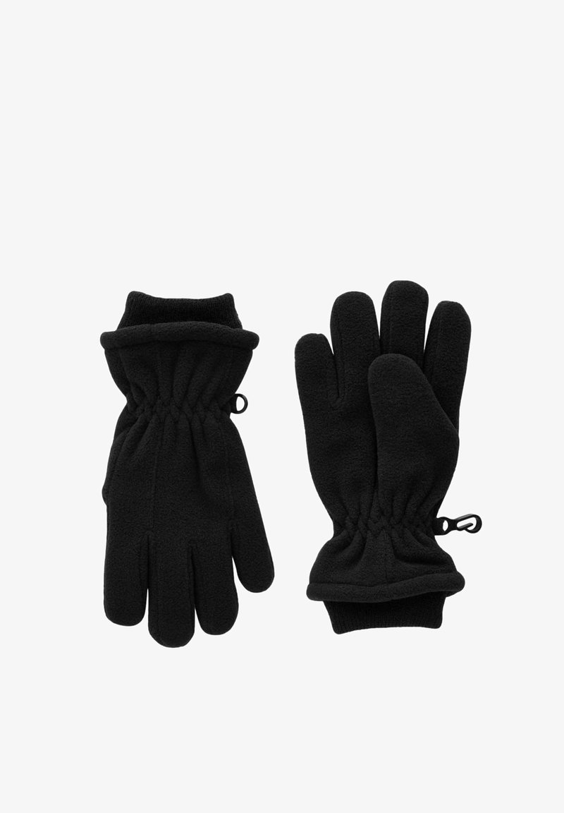 Schwarze Fleece-Handschuhe mit strukturierter Oberfläche, elastischen Handgelenken und verstellbaren Schlaufen für eine enge Passform; mit einem 5-Finger-Design.
