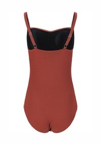 Maillot de bain une pièce rouge rouillé avec un tissu texturé, des bretelles noires ajustables et un corsage noir structuré pour le maintien. Fini lisse.