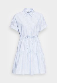 Sukienka w biało-niebieskie paski, krótki rękaw, zapinana na guziki z przodu, elastyczny pas, warstwowy krój spódnicy, wykonana z bawełny.