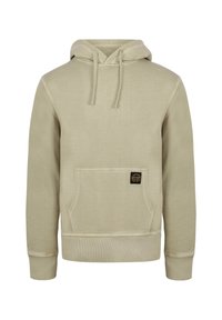 Felpa beige con tasca frontale, cappuccio regolabile con cordini, polsini e orlo a coste, dotata di una piccola etichetta del marchio sulla tasca.