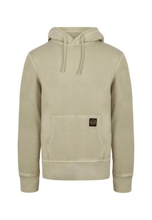 Felpa beige con tasca frontale, cappuccio regolabile con cordini, polsini e orlo a coste, dotata di una piccola etichetta del marchio sulla tasca.