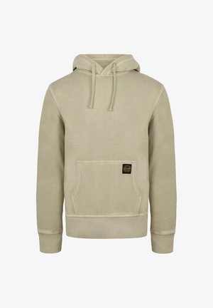 Felpa beige con tasca frontale, cappuccio regolabile con cordini, polsini e orlo a coste, dotata di una piccola etichetta del marchio sulla tasca.