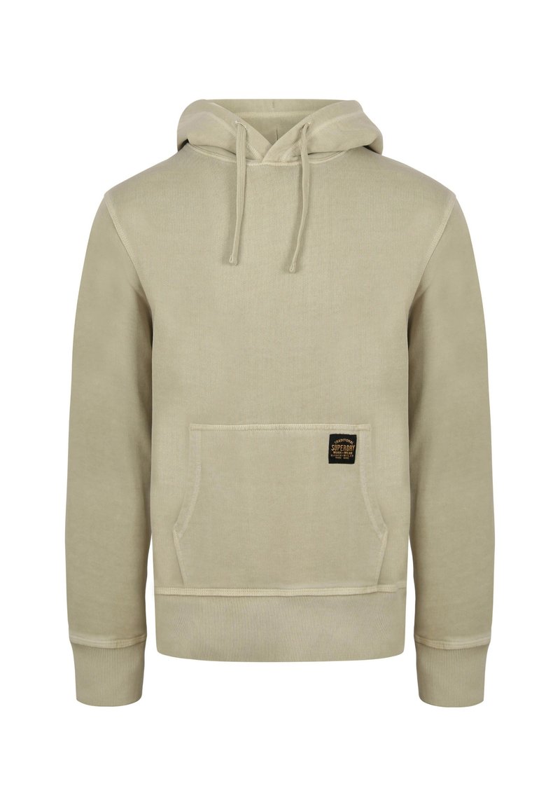 Felpa beige con tasca frontale, cappuccio regolabile con cordini, polsini e orlo a coste, dotata di una piccola etichetta del marchio sulla tasca.