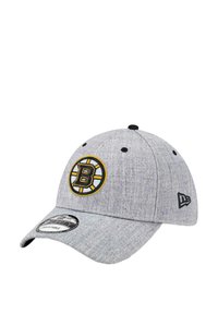 Gray baseball cap with a rounded crown, flat visor, and embroidered Boston Bruins logo in black and gold. Features a fabric texture.