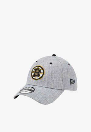 Gray baseball cap with a rounded crown, flat visor, and embroidered Boston Bruins logo in black and gold. Features a fabric texture.