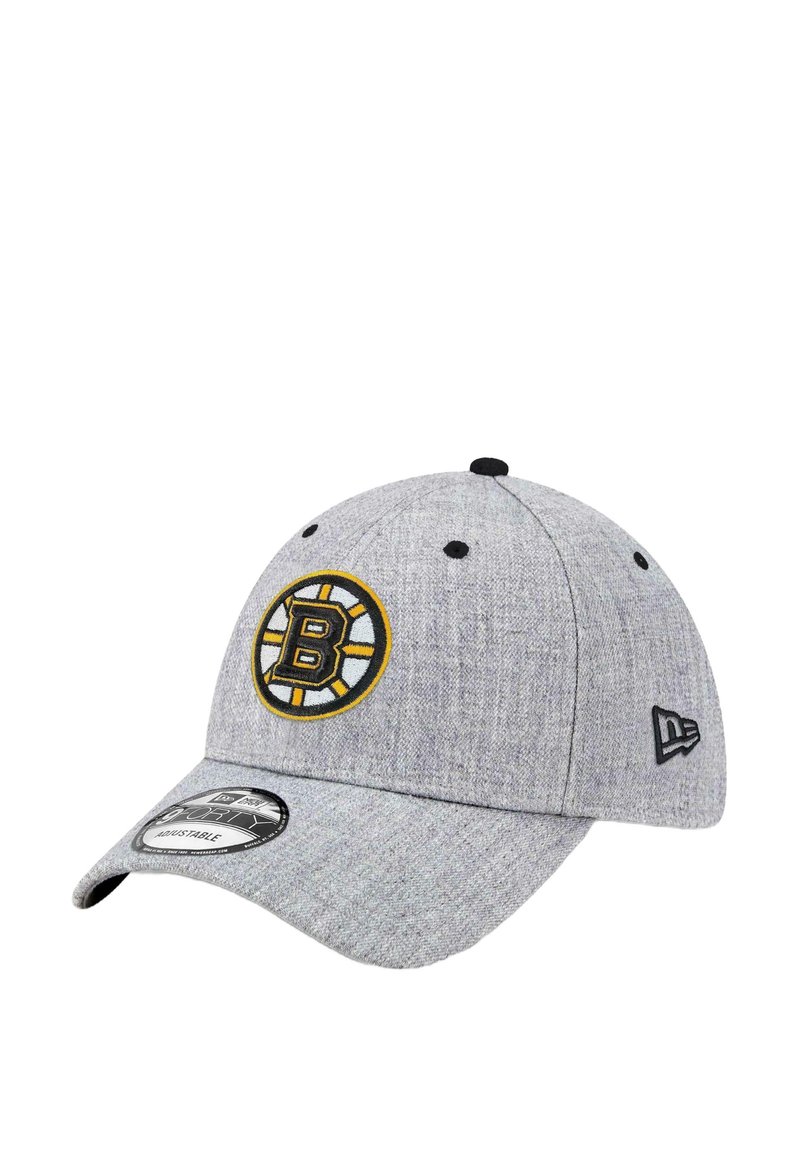Gray baseball cap with a rounded crown, flat visor, and embroidered Boston Bruins logo in black and gold. Features a fabric texture.