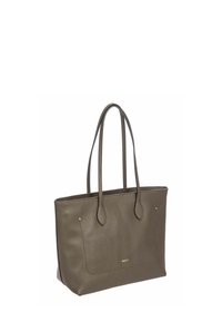Sac fourre-tout en cuir vert olive avec deux poignées courbées, de forme rectangulaire, finition texturée et logo en accent doré sur le devant.