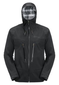 Schwarze wasserdichte Jacke mit Kapuze, ausgestattet mit Reißverschlusstaschen auf der Brust und an den Seiten, verstellbaren Bündchen und strukturiertem Stoff für verbesserten Grip.