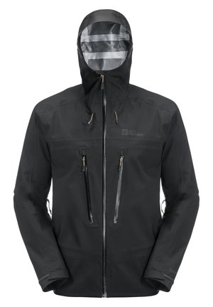 Giacca impermeabile nera con cappuccio, dotata di tasche frontali e laterali con zip, polsini regolabili e tessuto testurizzato per una maggiore presa.