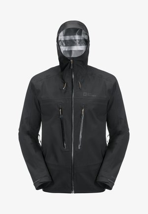 Schwarze wasserdichte Jacke mit Kapuze, ausgestattet mit Reißverschlusstaschen auf der Brust und an den Seiten, verstellbaren Bündchen und strukturiertem Stoff für verbesserten Grip.