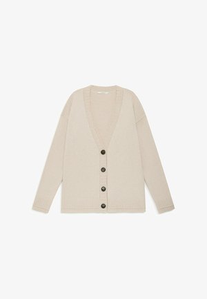 Beige knit cardigan with long sleeves, V-neck, ribbed edges, and four dark buttons down the front, laid flat on a white background.