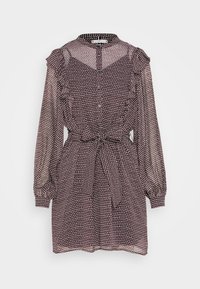 Langärmliges Kleid in Dunkelpink mit einem gemusterten Design. Verfügt über einen Knopfverschluss vorn, Rüschendetails und einem Bindegürtel in der Taille. Durchsichtiger Stoff.