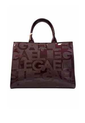 Borsa a tote bordeaux lucida con motivo logo in rilievo. Presenta manici robusti e una forma rettangolare elegante. Texture liscia e hardware minimal.