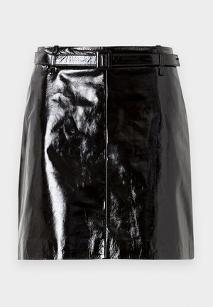Black glossy leather mini skirt with a matching belt and central seam detailing.