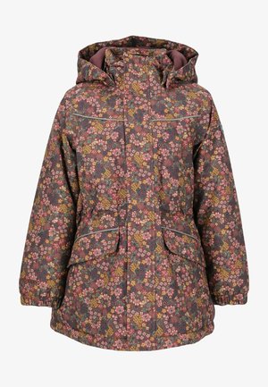 Veste d'hiver à capuche pour enfant avec un motif floral rose, jaune et bleu sur un fond mauve atténué, dotée de poignets élastiques et de poches à rabat à l'avant.