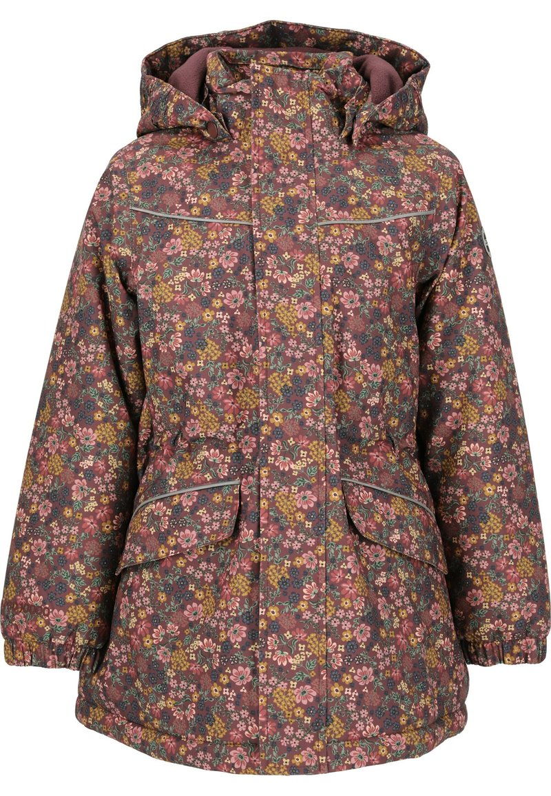 Kinder-Winterjacke mit Kapuze in einem gedämpften Mauve-Hintergrund, mit einem blumigen Muster in Pink, Gelb und Blau. Sie verfügt über elastische Bündchen und eine Fronttasche mit Klappe.