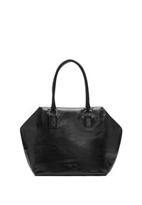 Sac fourre-tout en cuir noir avec une forme structurée, deux poignées et des accentuations en métal argenté. Présente une texture lisse et un branding minimal.