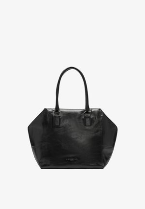 Black leather tote bag with structured shape, dual handles, and silver-tone hardware accents. Features a smooth texture and minimal branding.