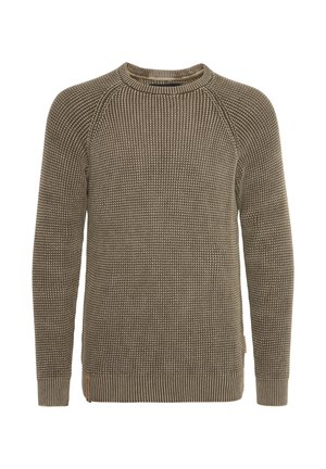 Maglione a maglia verde oliva con un motivo testurizzato, collo a girocollo a coste e maniche raglan. Presenta un piccolo etichetta in pelle sul lato dell'orlo.