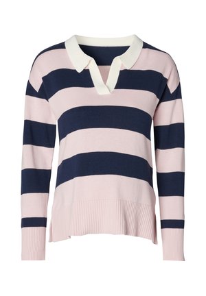 Jersey de cuello en V con rayas horizontales en rosa y azul marino, dobladillo acanalado y cuello blanco en contraste. Hecho de material de punto suave.