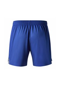 Pantalones cortos deportivos azules con cinturilla elástica, hechos de tela ligera. Presentan aberturas laterales para mayor movilidad y una textura suave.