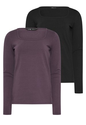 Deux hauts à manches longues pour femmes avec des encolures carrées, l'un en violet foncé et l'autre en noir, présentés de face.