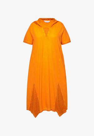 Oranje katoenen jurk met korte mouwen, V-hals, kantinzetstuk en gemusterde zijpanelen. Loose fit met een gebogen zoom.