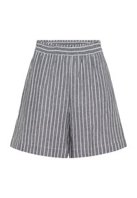 Shorts gris rayés avec une coupe décontractée, dotés d'une large ceinture et de rayures verticales blanches. Fabriqués en tissu léger.