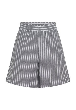 Pantaloni corti grigio a righe con una vestibilità rilassata, dotati di un ampio cinturino in vita e righe verticali bianche. Realizzati in tessuto leggero.