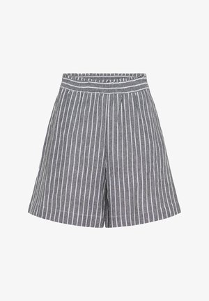 Grau gestreifte Shorts mit lockerer Passform, breite Taille und vertikalen weißen Streifen. Hergestellt aus leichtem Stoff.
