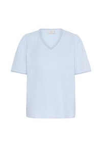 Blusa de manga corta en V de color azul claro, hecha de tela texturizada, que presenta mangas abullonadas y un borde festoneado a lo largo del escote y del dobladillo.