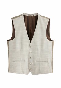 Gilet à motifs gris avec un décolleté en V profond, cinq boutons et poches latérales. Doublure marron avec une texture lisse. Conception sans manches.