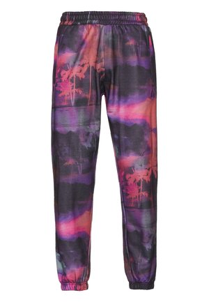 Multicolored sweatpants feature a vibrant purple and orange tropical palm tree pattern, elastic waistband, and tapered ankles.