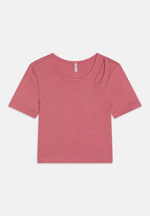 T-maica s kratkimi rokavi, rebraste teksture v barvi praškaste rože, z okroglim izrezom in asimetrično rezano levo ramo.