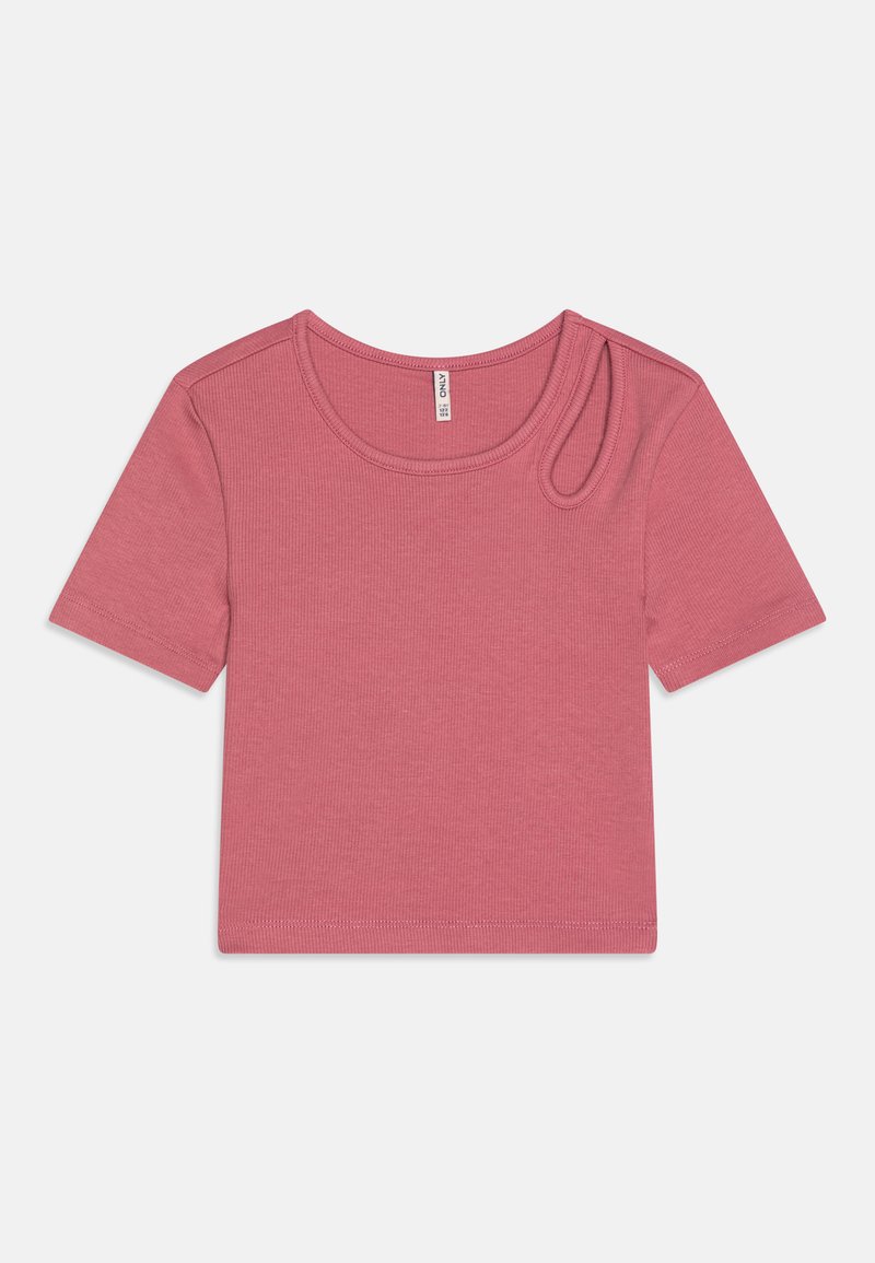 Trumpas rankovėmis, surauktas marškinėliai dulkėtos rožinės spalvos, su apvalia iškirpte ir asimetriniu kirpimu kairiajame petyje.