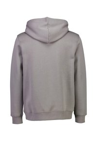 Grijze hoodie met een gladde textuur, geribbelde manchetten en zoom. Heeft een eenvoudig, onversierd ontwerp zonder zakken of afbeeldingen.