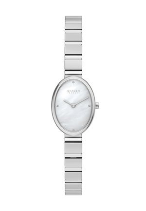 Silberne Skagen ovale Armbanduhr mit weißem Zifferblatt, minimalen Markierungen, zwei Zeigern und Metallgliedband.