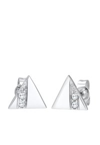 Ohrringe aus Sterling-Silber in dreieckiger Form, mit drei klaren Steinen, die in einer diagonalen Linie eingesetzt sind. Sie zeichnen sich durch eine polierte Oberfläche und ein elegantes Design aus.