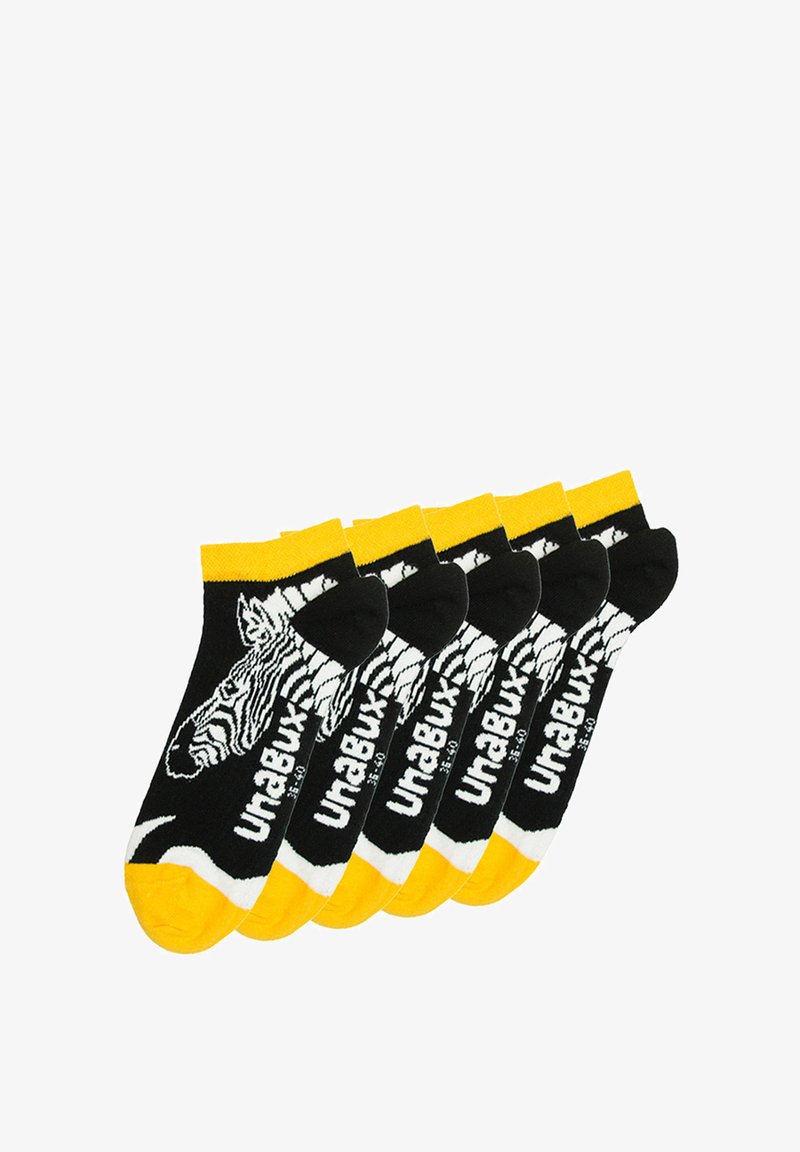 Sorte og gule ankelstrømper med et zebra grafik og "UnaBux" tekst i hvid; fem par præsenteret, med gule ribbede skaft og tæer.
