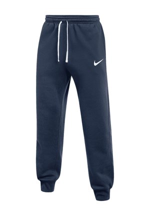 Dunkelblaue Nike-Sweatpants mit elastischem Bund, weißem Kordelzug, Bündchen an den Knöcheln und weißem Nike-Swoosh-Logo am linken Oberschenkel.