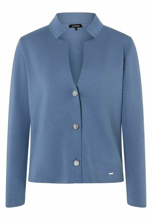 Vaaleansininen neulottu neuletakki, jossa pitkät hihat, kolme hopeista nappia edessä ja pieni metallinen merkkilaatta alareunassa.