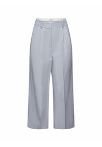 Jasnoniebieskie szerokie spodnie o wysokim stanie, z pętlami na pasek, fałdami z przodu, bocznymi kieszeniami i ukrytym zapięciem z przodu.