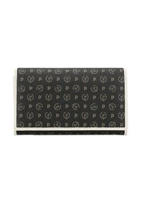 Portafoglio sintetico nero con un design a motivo con loghi. Foderato in bianco, ha una forma rettangolare e una texture liscia.